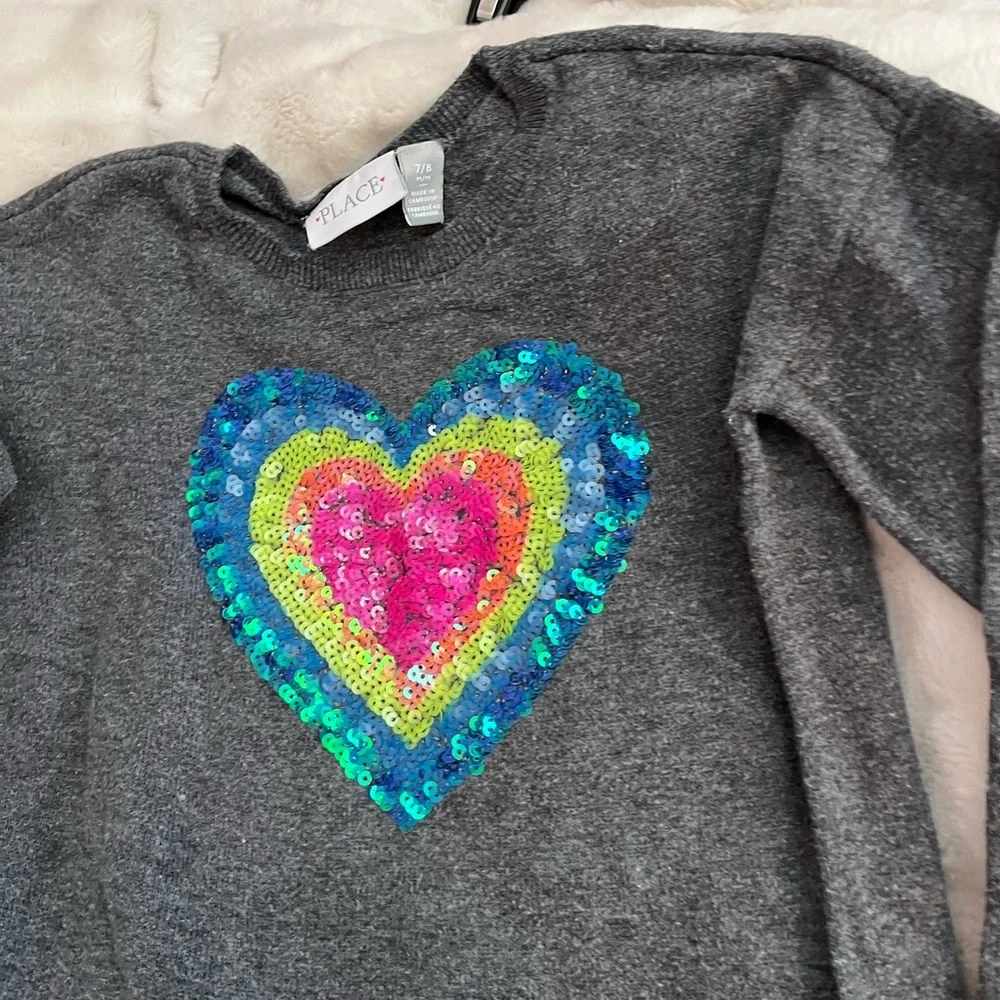 Place Girls 7/8 Grey Rainbow Heart Sequin Spring Colorful Top School Fall Winter
